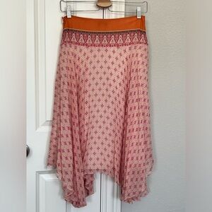 Banana Republic 100% Silk Orange Asymmetrical Midi Boho Skirt Size 2 Indie Flowy